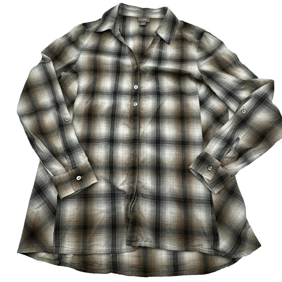 J. Jill Women's Small Tan Brown Plaid Button Up Shirt Blouse V neck Long Sleeves - Picture 2 of 10